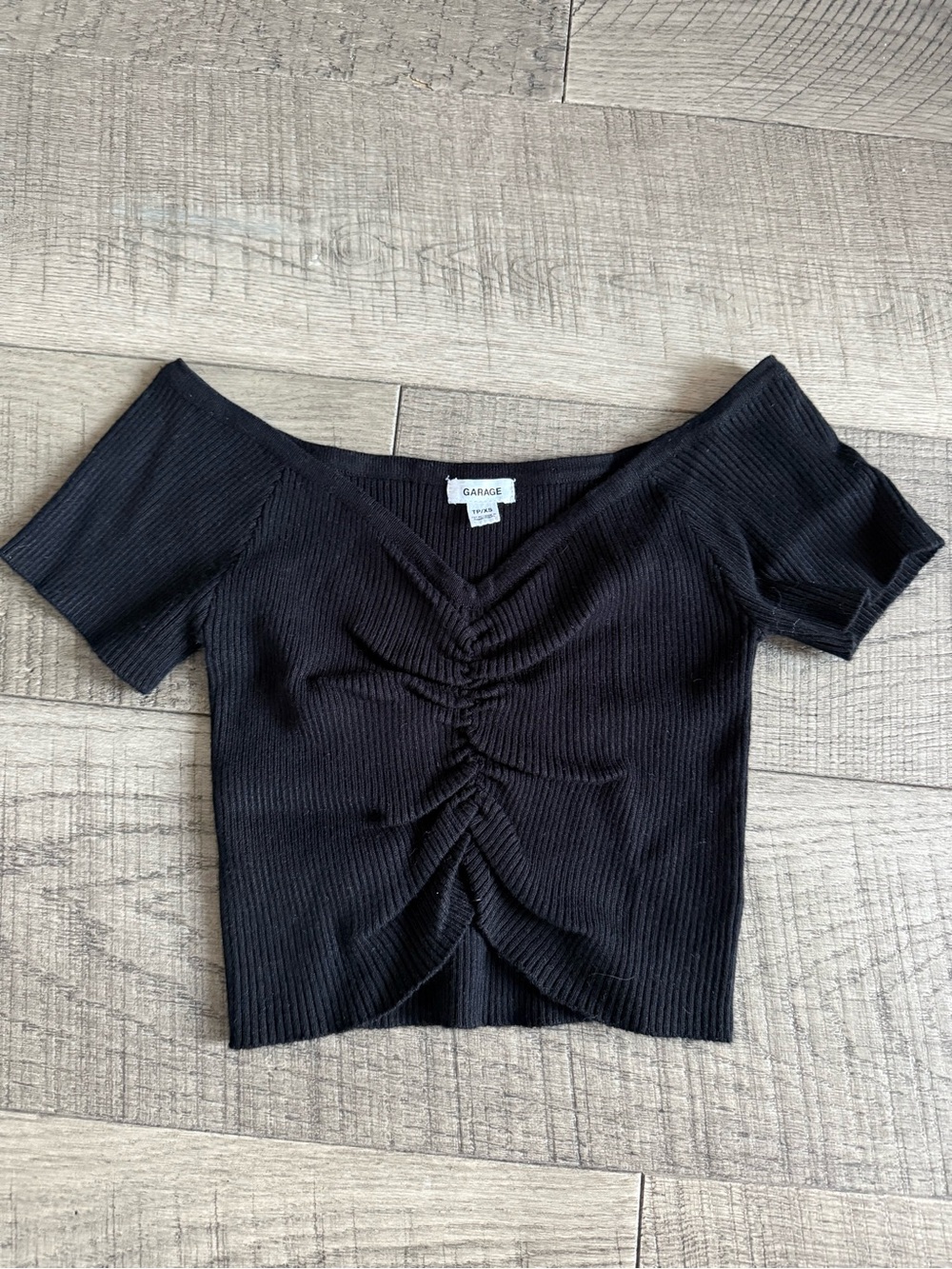 Garage Black Ribbed Ruched V-Neck Crop Top
